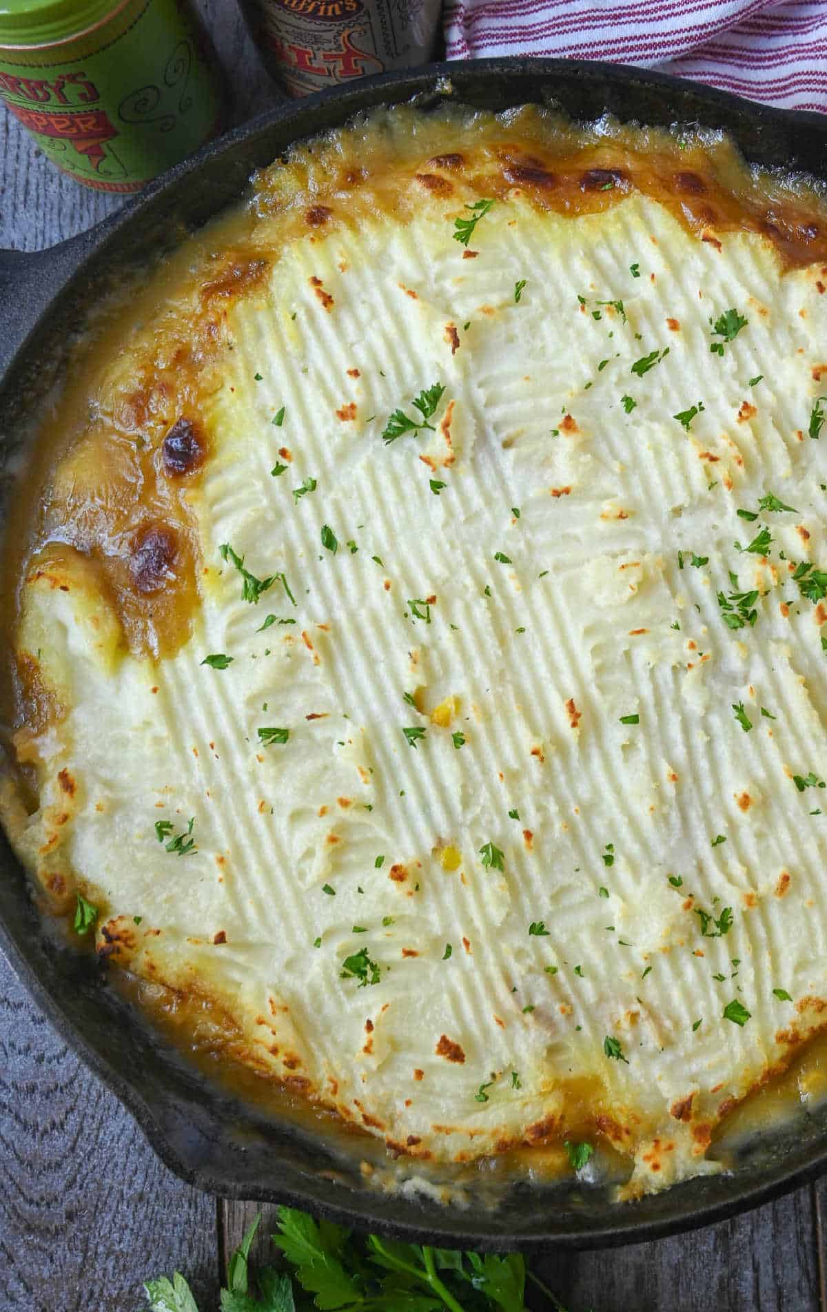 Turkey shepherd's pie in a cast iron skillet.