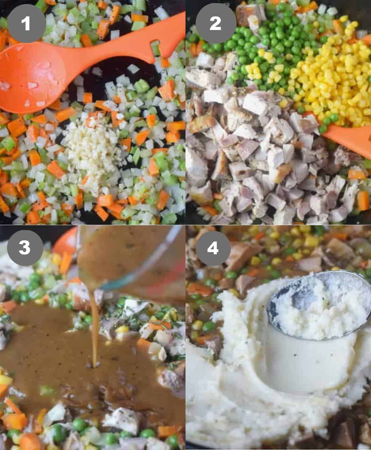 Vegetables sauteed then turkey added with the gravy and mashed potatoes spread on top.