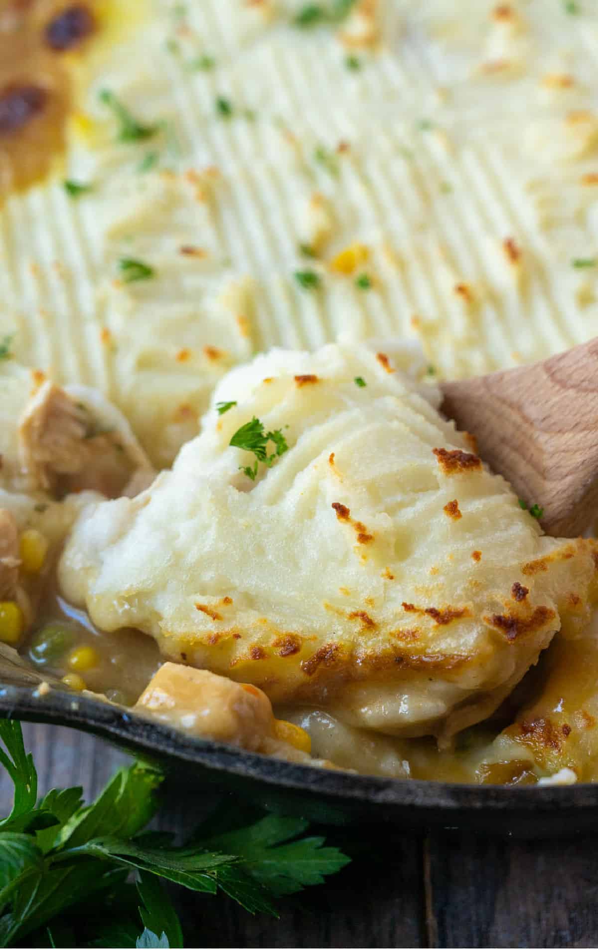 A spoon scooping up a serving of turkey shepherd's pie.