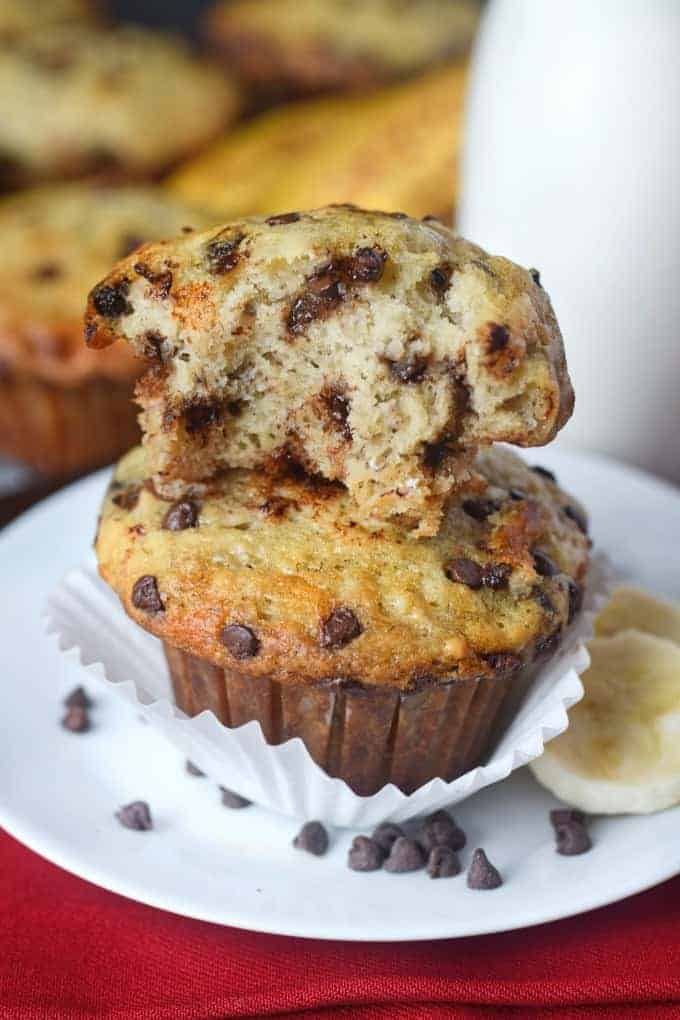Chocolate chip banana muffin stacked on top of each other.