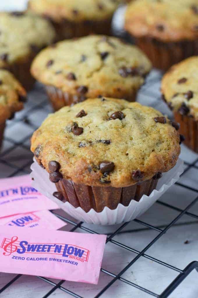 Chocolate chip banana muffin with Sweet N Low packets.