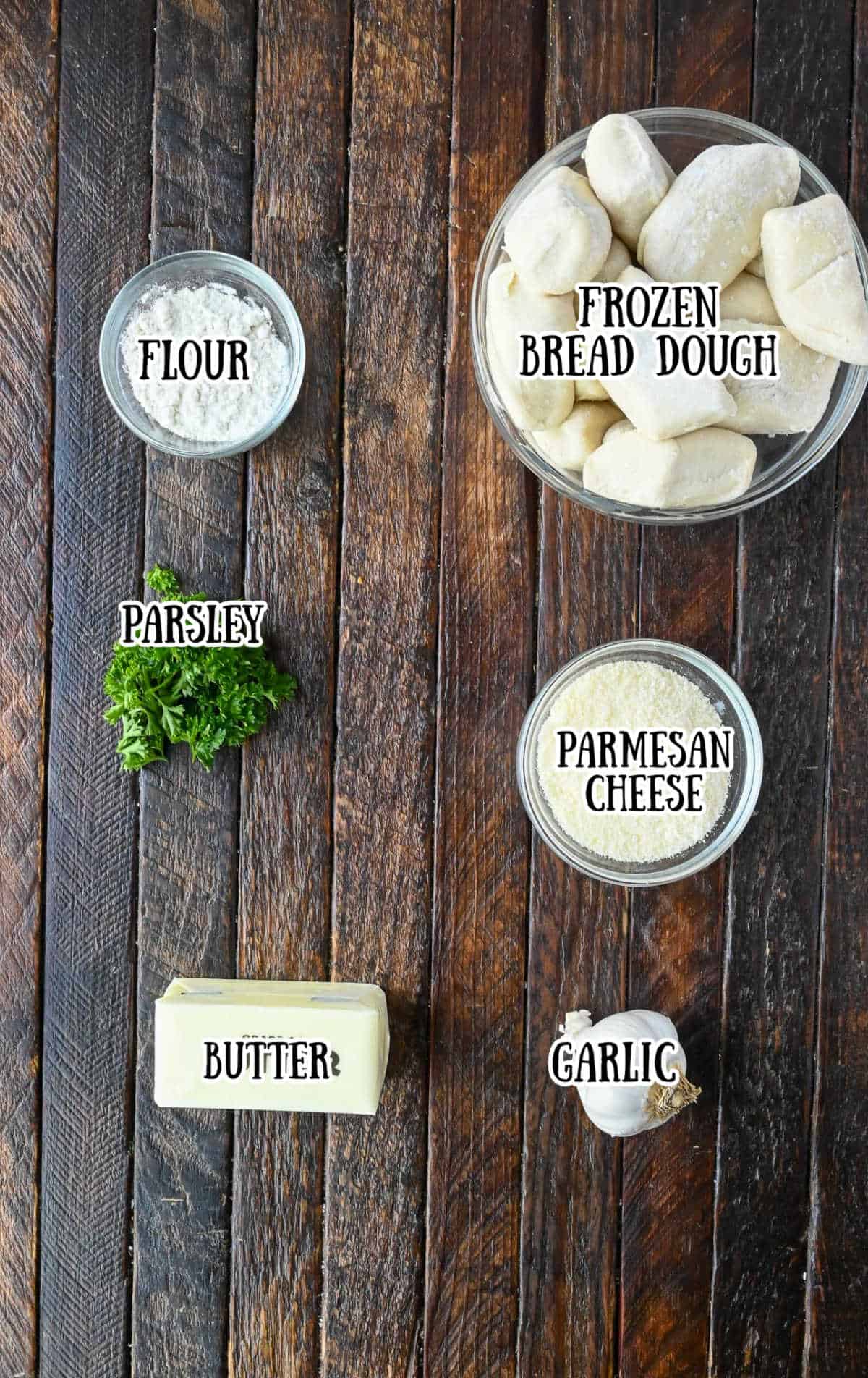 All the ingredients needed for these garlic parmesan dinner rolls.