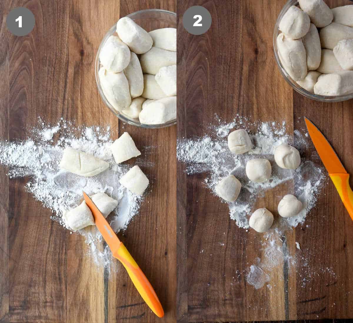 Thawed bread dough balls being cut in half then rolled in balls.