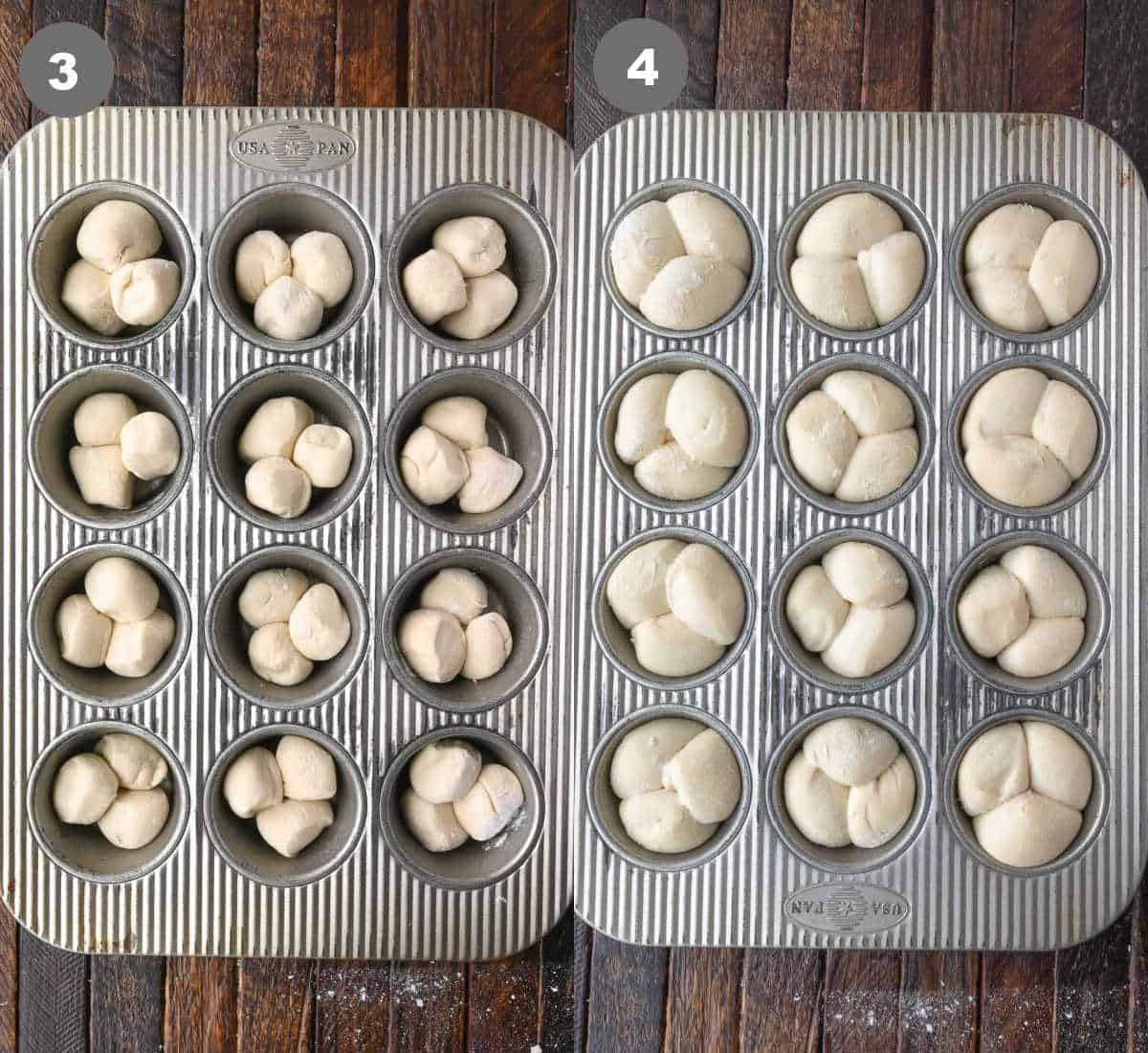 Dough balls placed in a muffin tin.