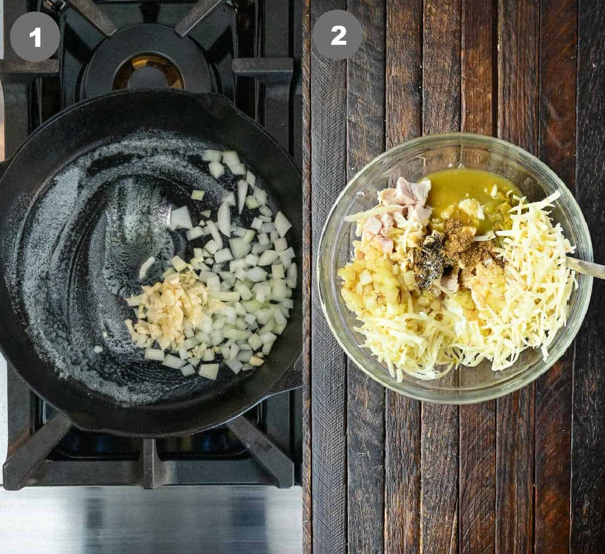 Onions and garlic sauteed in a pan and added to the ingredients bowl.