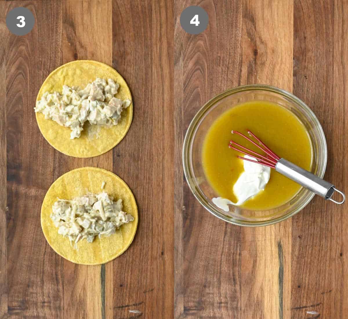 Filling placed on tortillas and sauce mixed into a bowl.