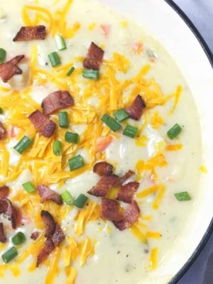 Potato soup in a cast iron pot.