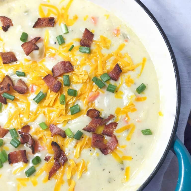 Potato soup in a cast iron pot.