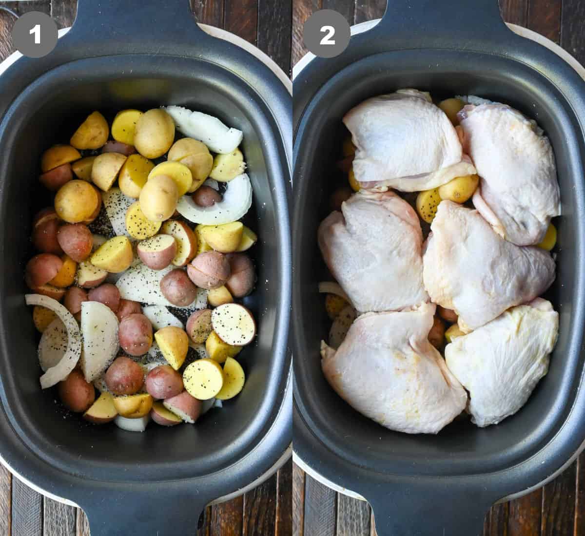 Potatoes and onions added to the bottom of a slow cooker then chicken thighs placed on top.