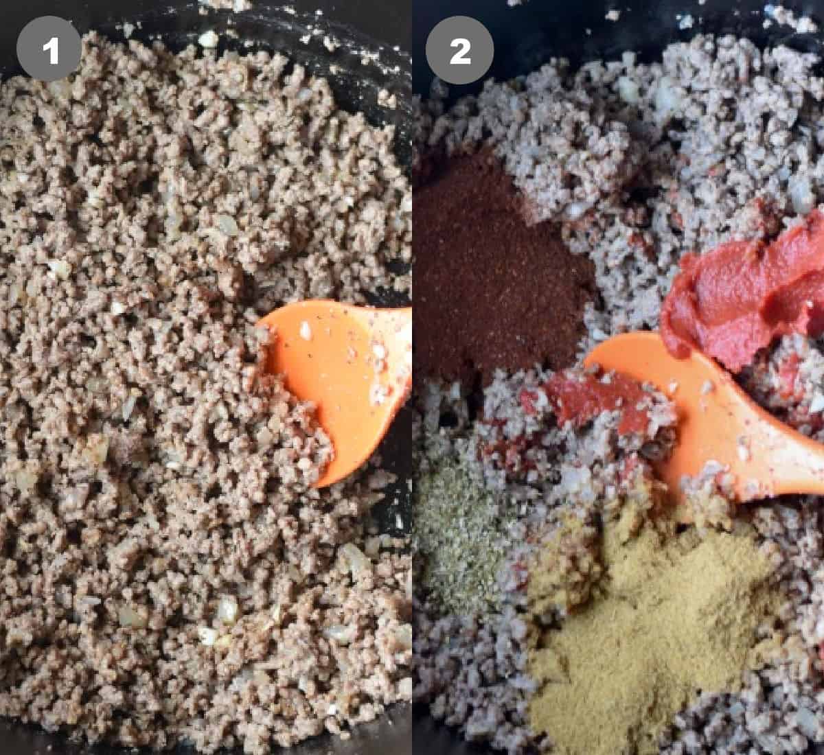 Ground beef cooked in a pot then additions ingredients added.
