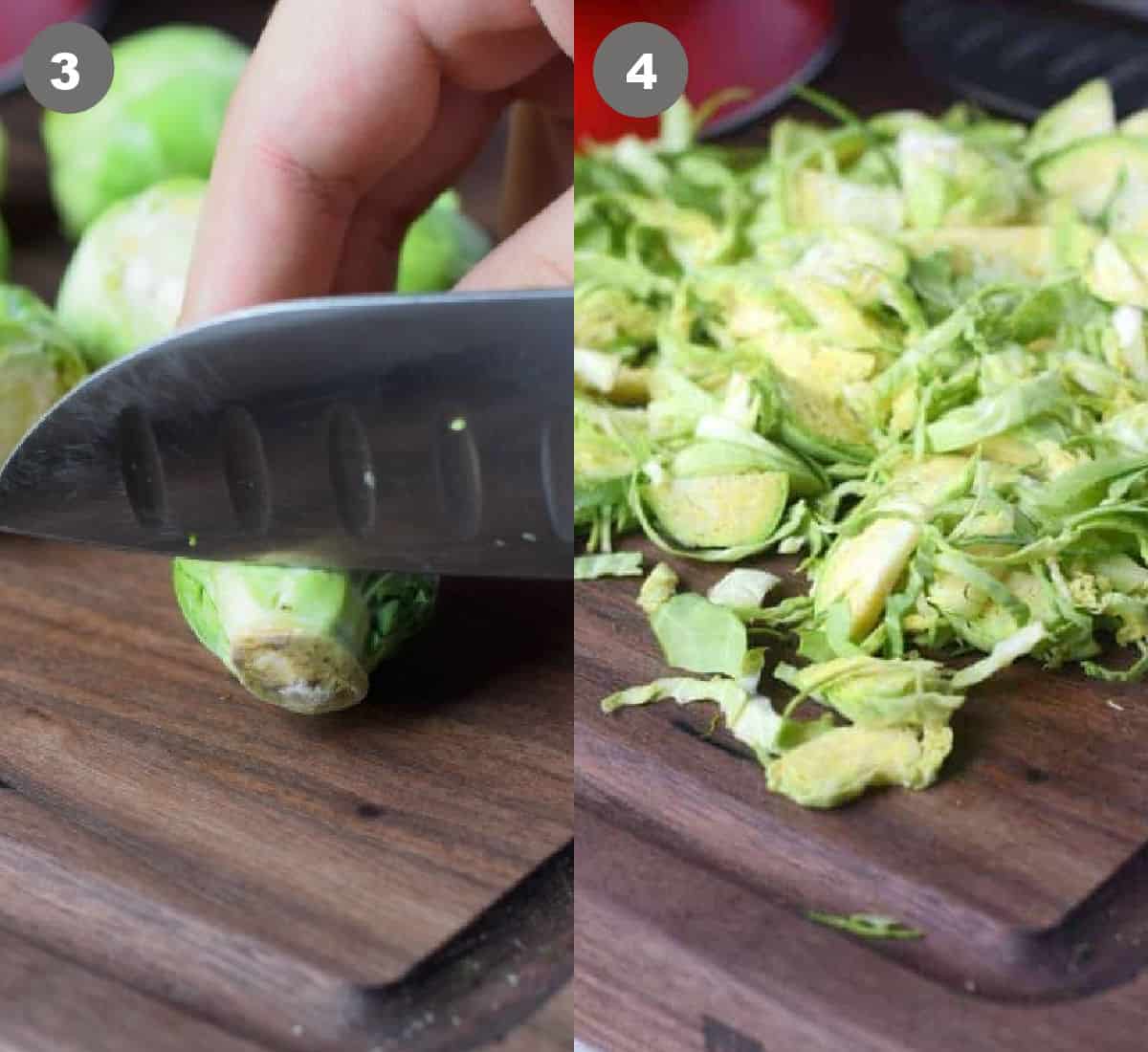 The end of a brussel sprout being sliced off and shredded.