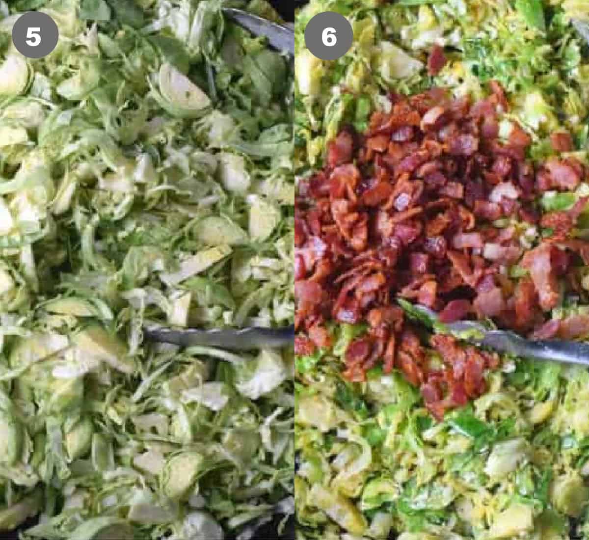Shredded brussel sprouts in a skillet then garlic and bacon added.