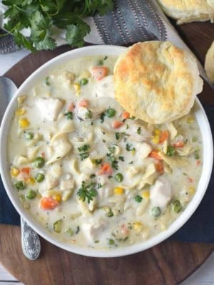 A bowl of chicken pot pie soup.