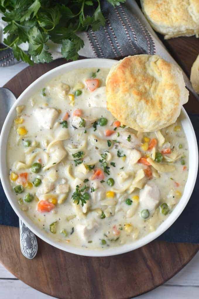 A bowl of chicken pot pie soup.