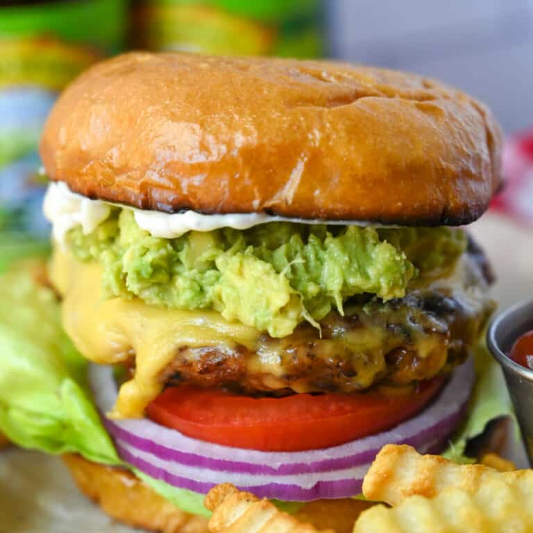 jalapeno pepper jack chicken burger on a plate with a side of french fries.