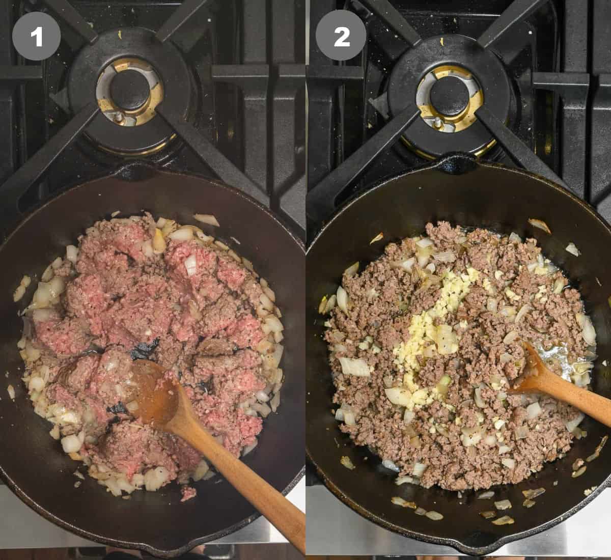 Ground beef and onions cooked in a dutch oven, then garlic added in.