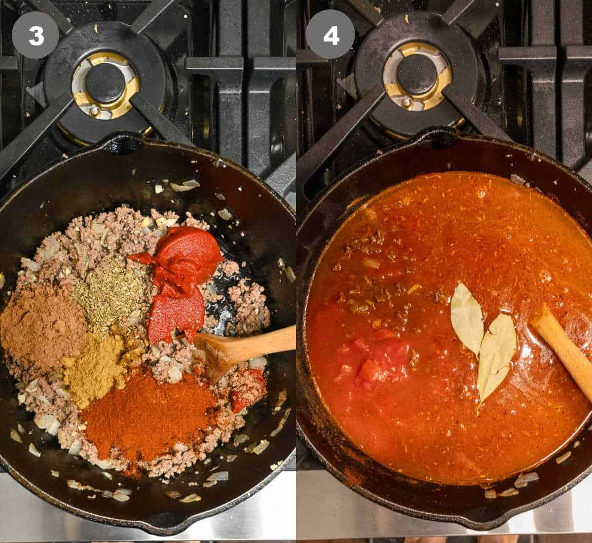 Spices and tomato paste added in then beef stock, tomato sauce and canned tomatoes.