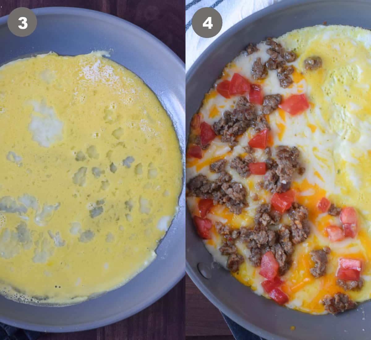 Eggs poured into a skillet then the filling added on top on one side.