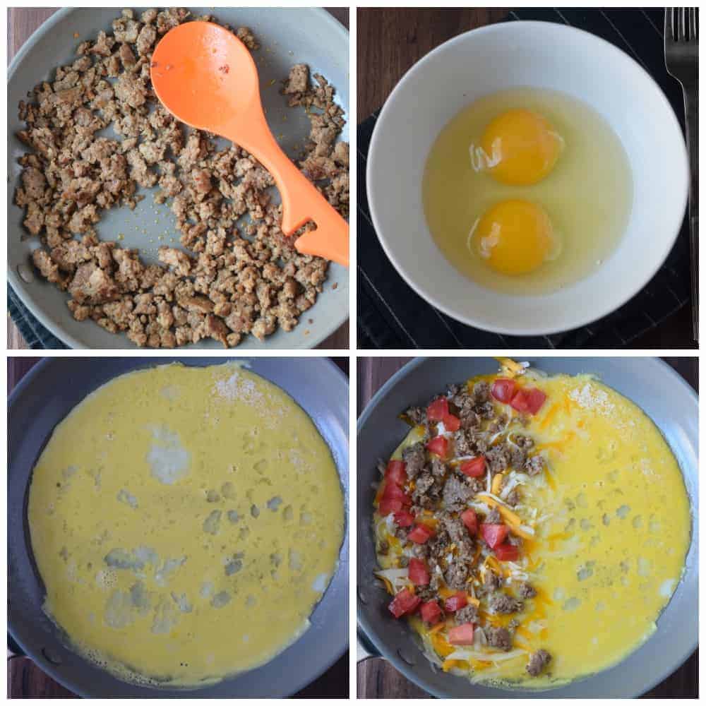 Sausage is cooked in a skillet and then eggs are whisked and made into a omelet.