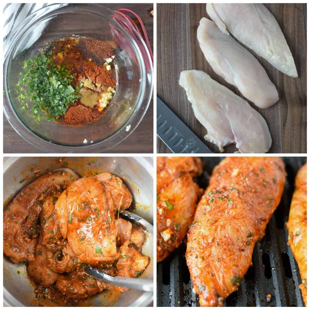 Four process photos. First one, all the ingredients placed into a clear bowl and ready to mix. Second one, Raw chicken breasts that have been sliced in half. Third one, chicken tossed with marinade. Fourth one, chicken placed onto the grill.