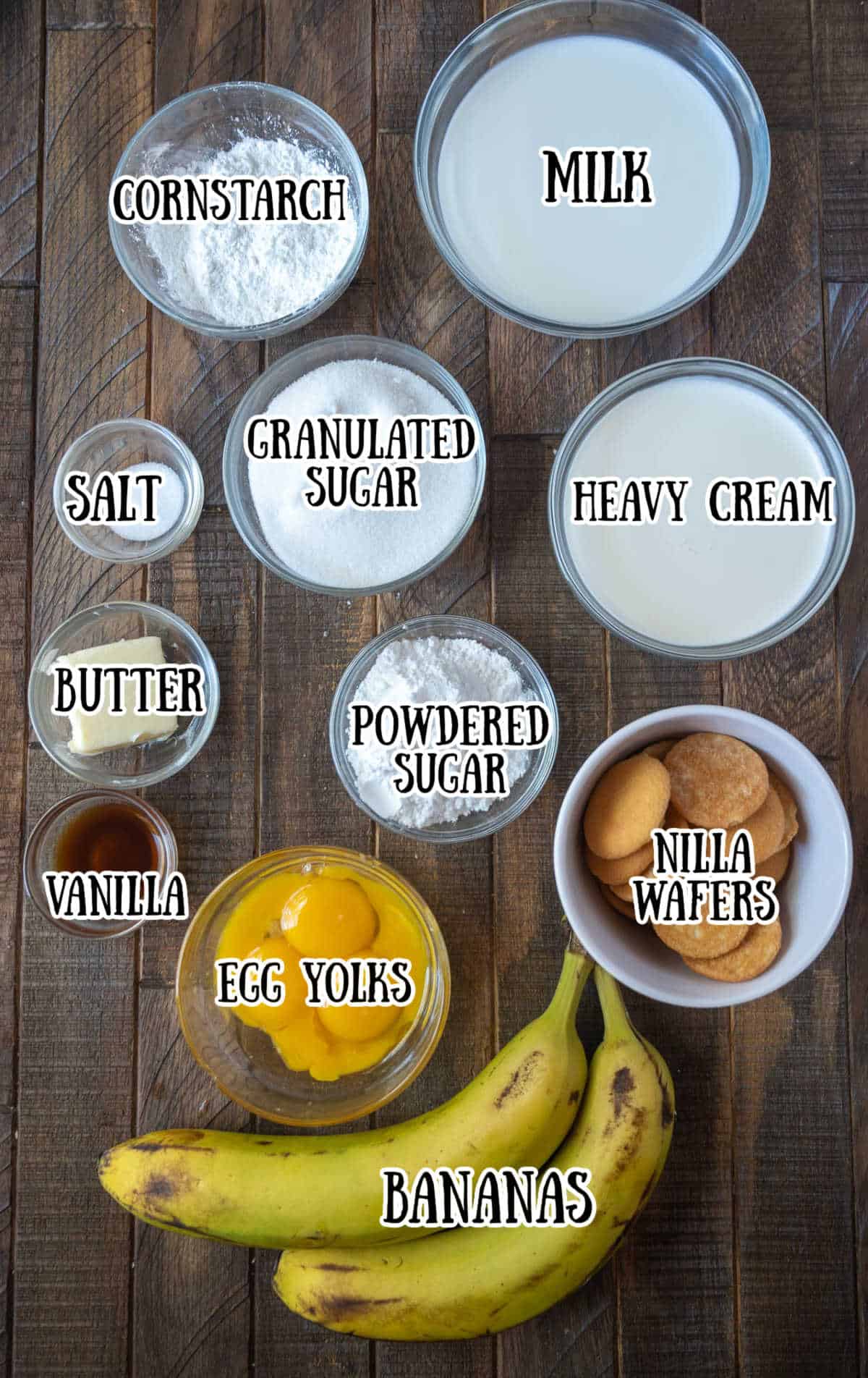 All the ingredients needed for banana pudding.