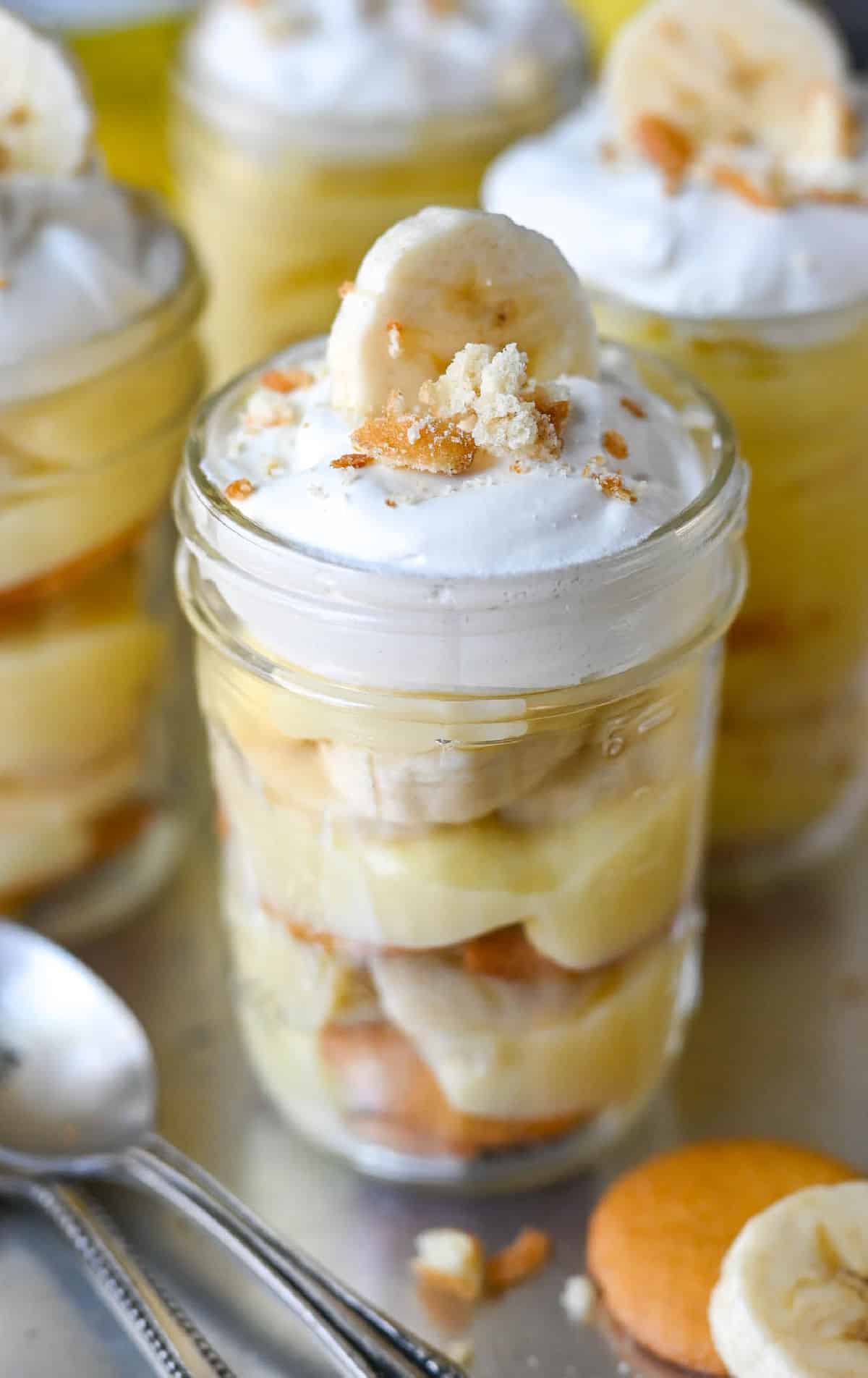 Layered banana pudding in a small jar.