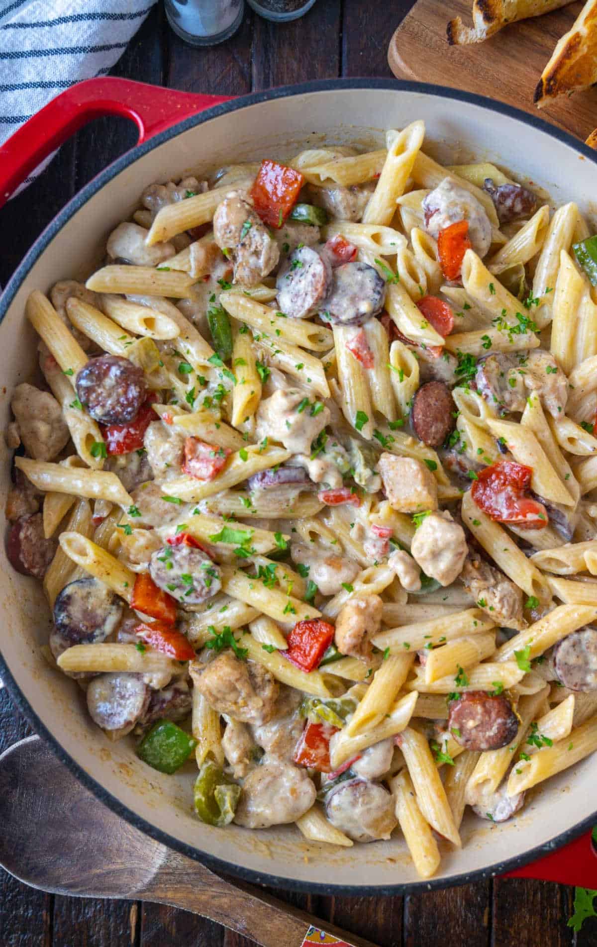 Cajun pasta in a cast iron pan.