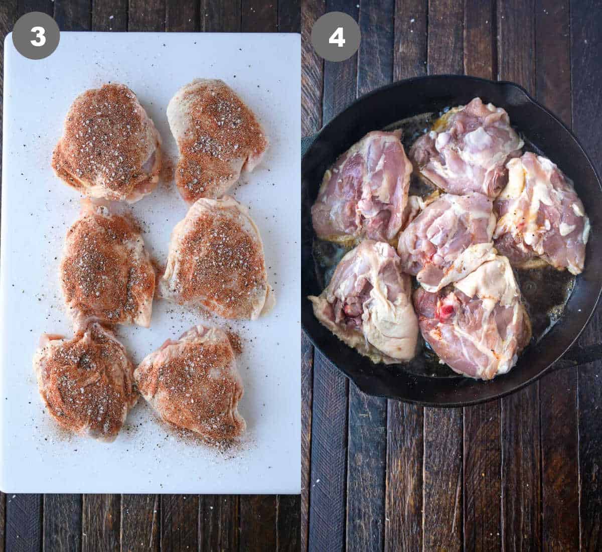 Chicken thighs on a cutting board with the skin side seasoned and placed into a skillet skin side down.