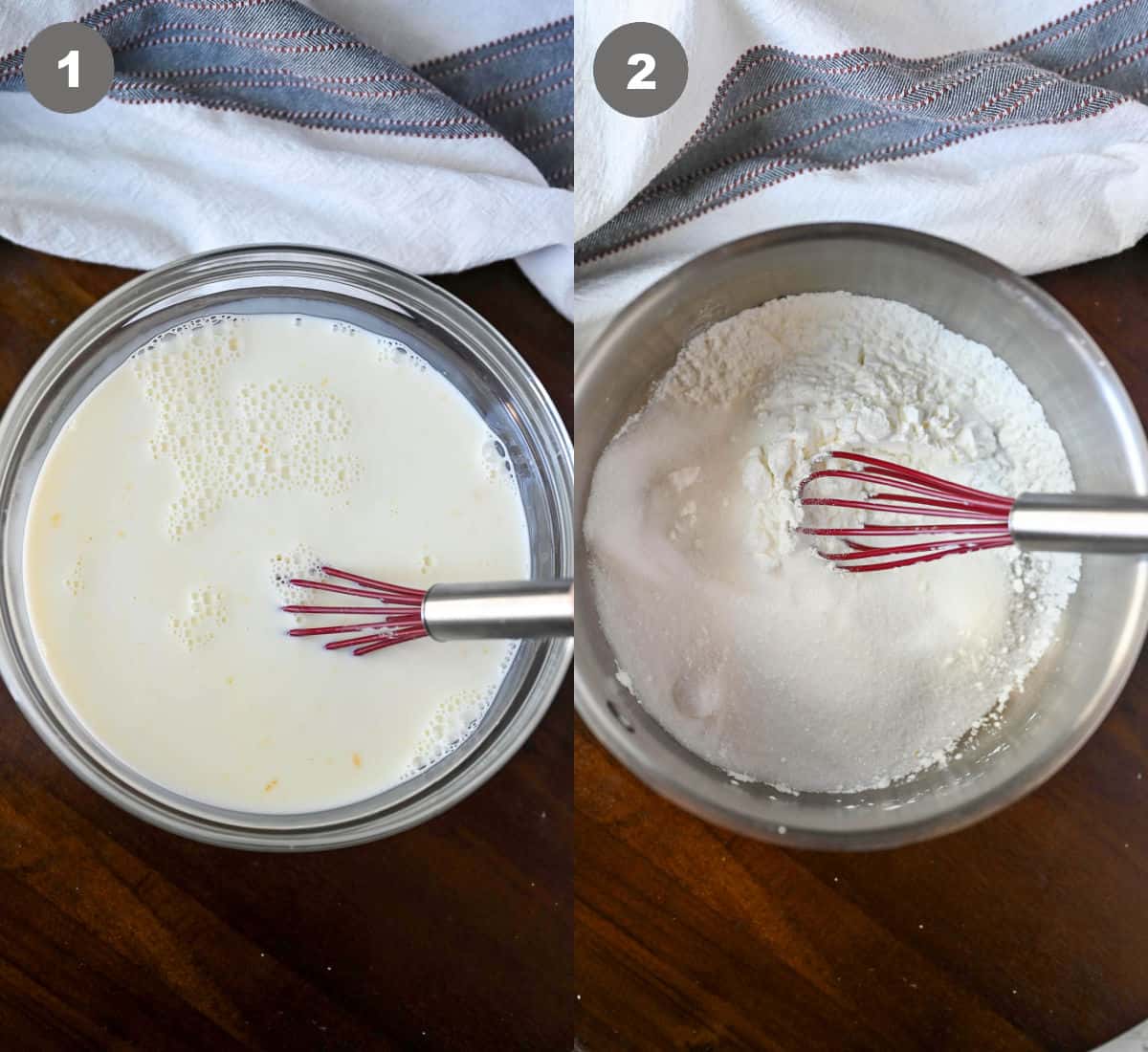 Milk and egg yolk mixed in a bowl. Then dry ingredient whisked in a saucepan.