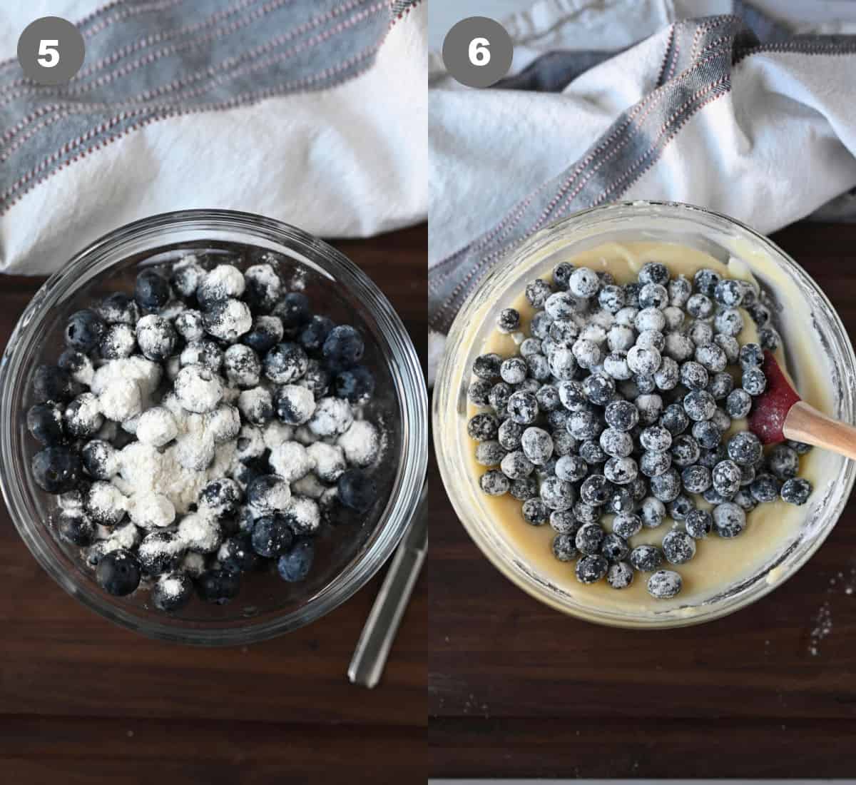 Blueberries tossed with flour then folded into the batter.