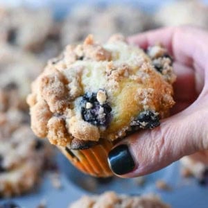 A blueberry muffin being held.