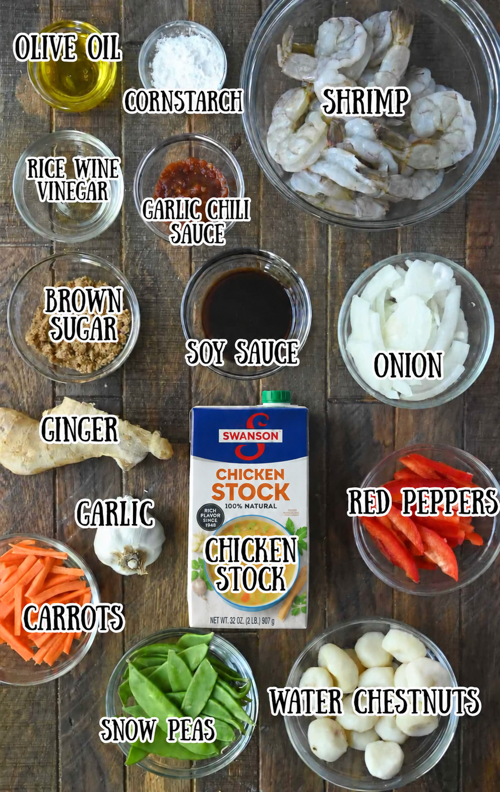 All of the ingredients for this shrimp with hot garlic sauce.