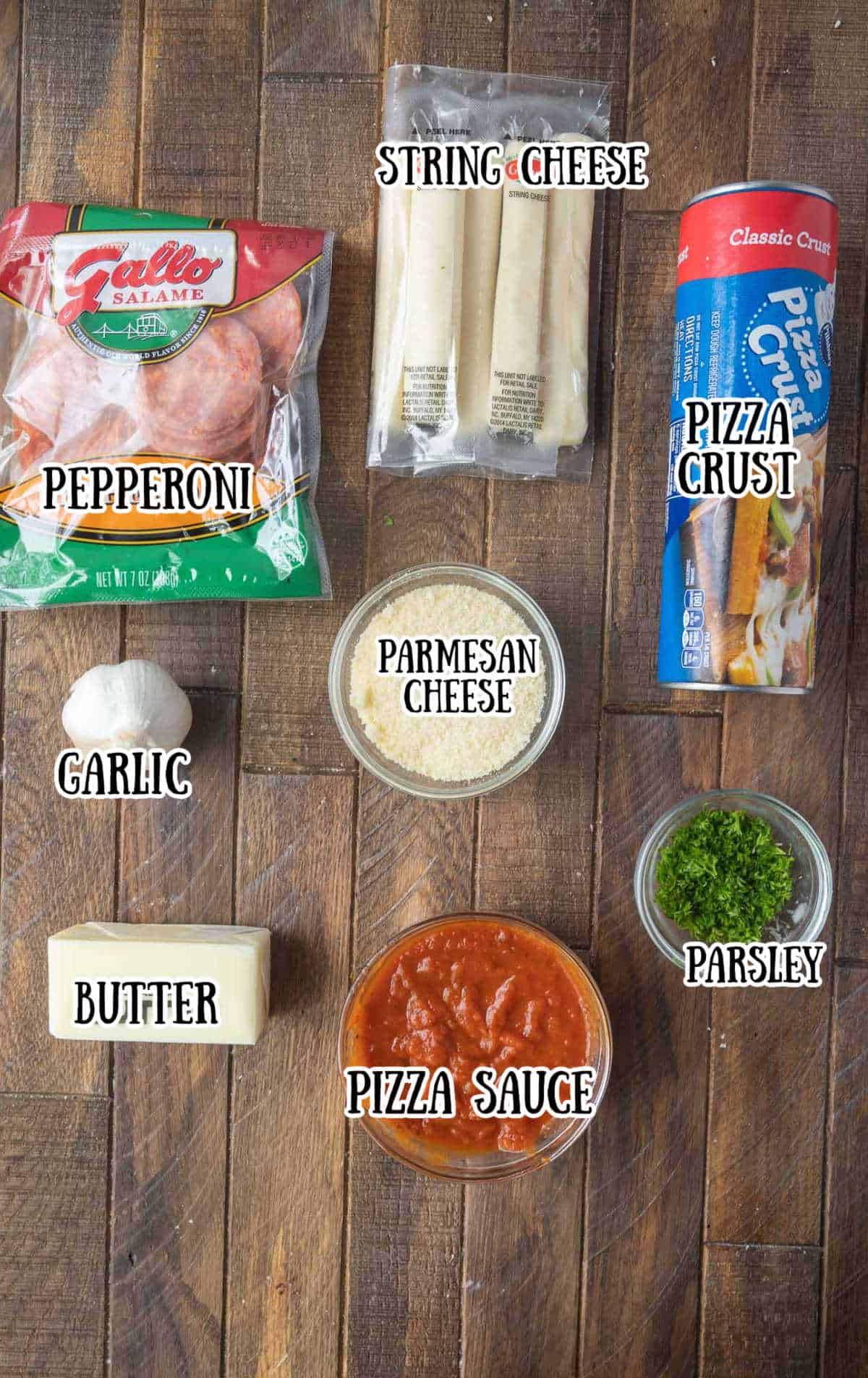 All the ingredients needed for these pizza sticks.