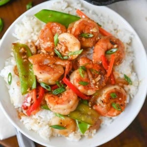 Shrimp and veggies over rice.