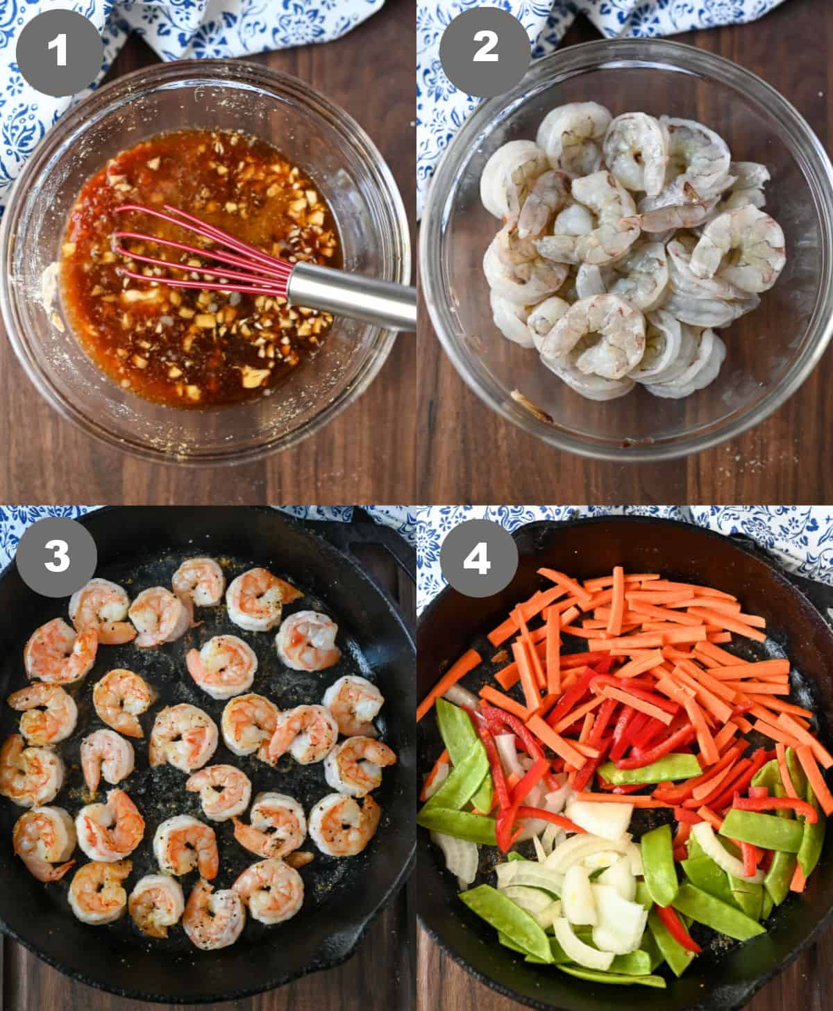 Sauce in a bowl, and shrimp in a bowl then cooked in a skillet.