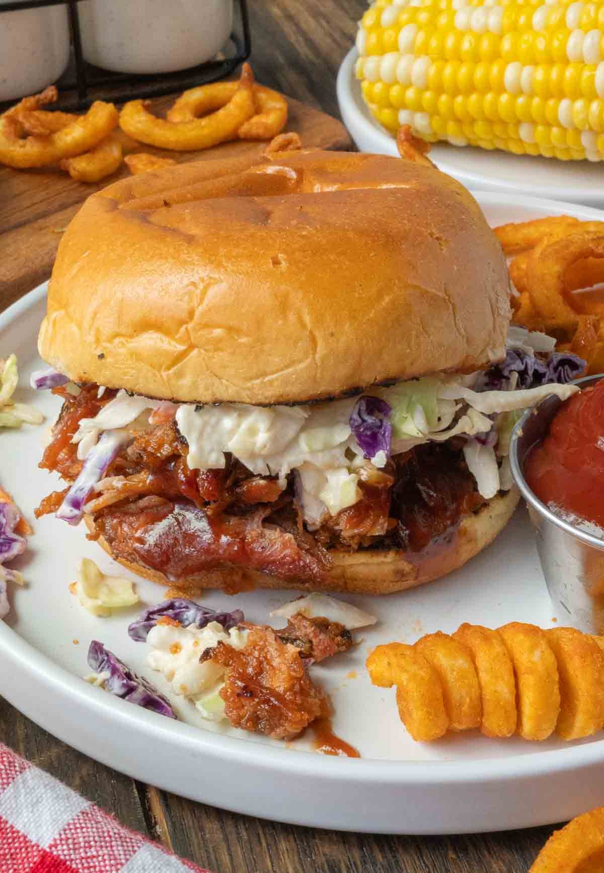 slow cooker pulled pork sandwich on a plate with curly fries.