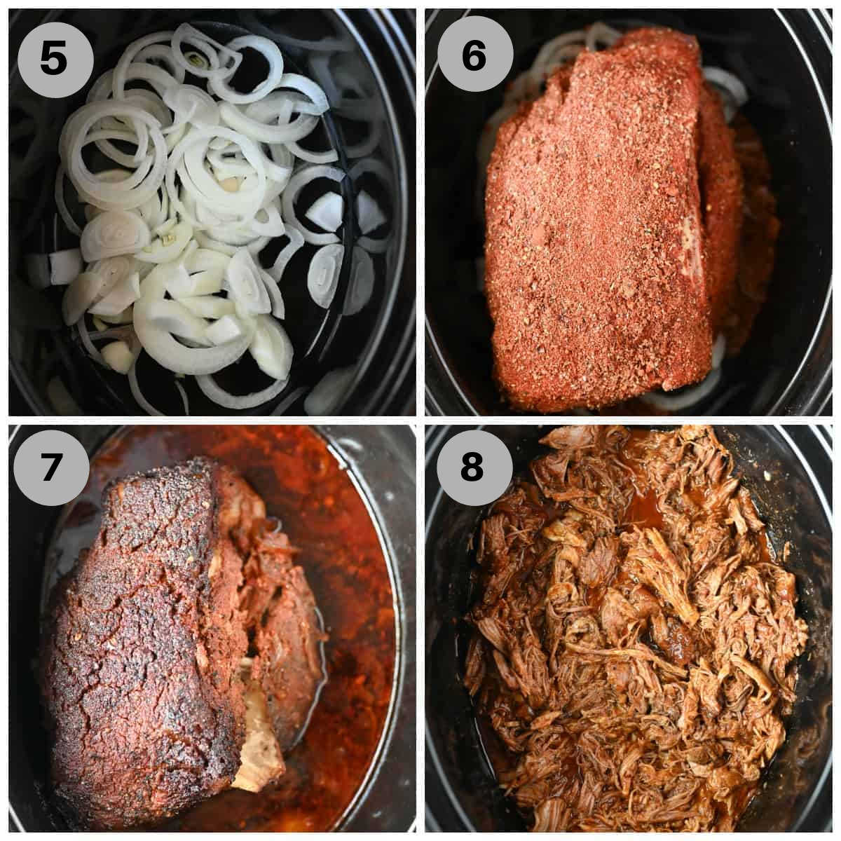 Onions placed into the slow cooker and pork roast placed on top.