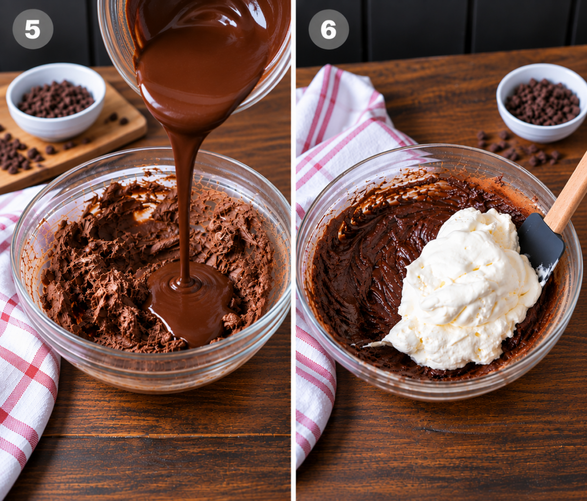 Chocolate pie filling mixed in a bowl and whipped cream folded in.