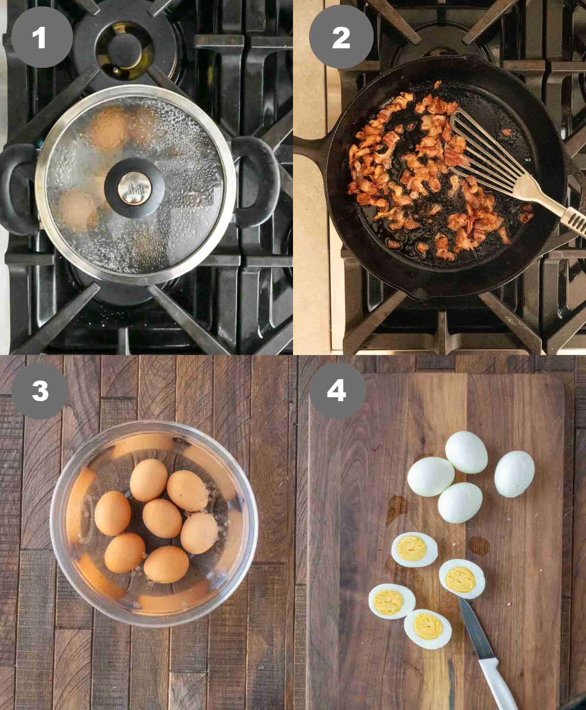 eggs boiled in a pan and peeled. Bacon cooked in a skillet.