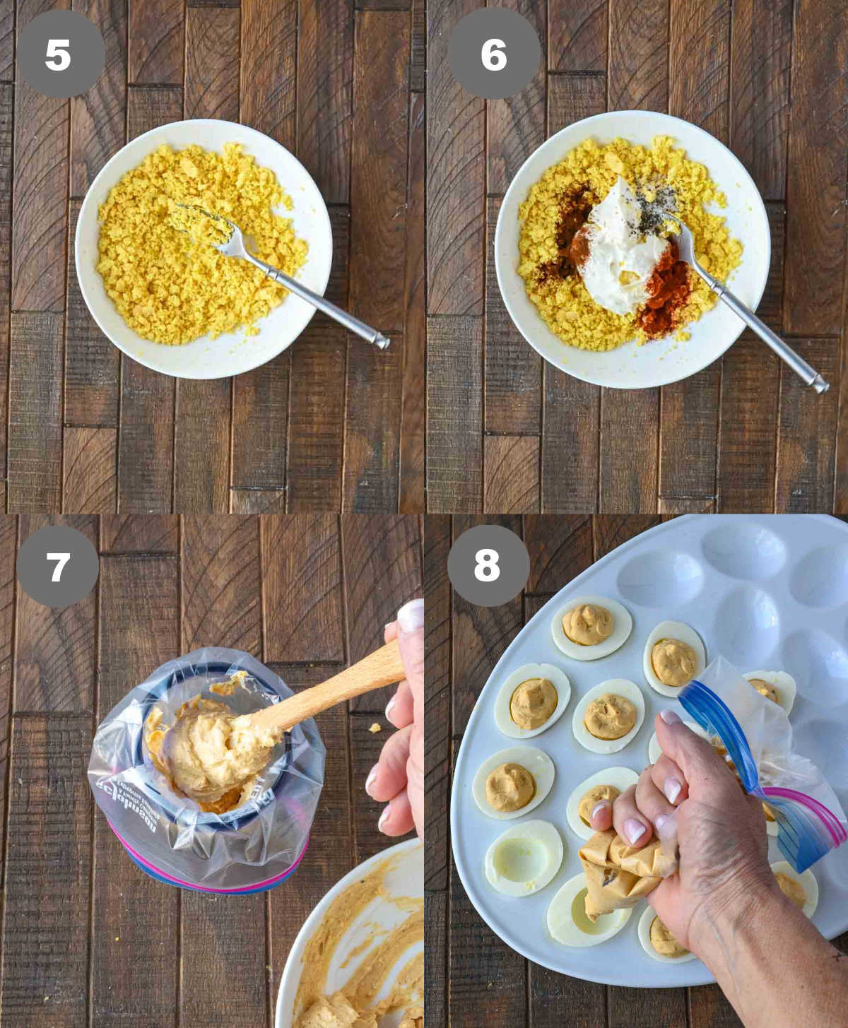 Yolks smashed in a bowl and added to egg whites.