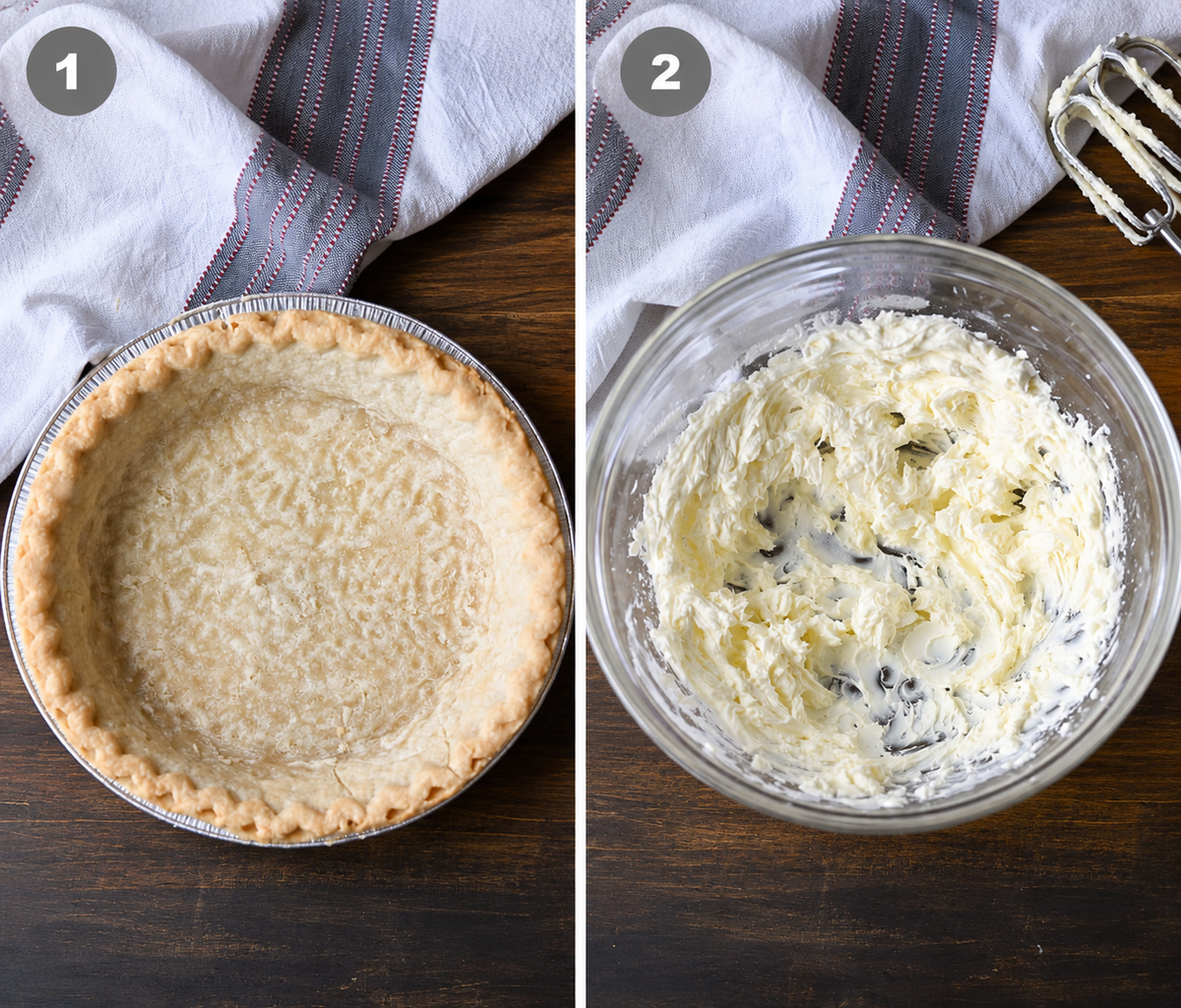 A pie crust baked and whipped cream made in another bowl.