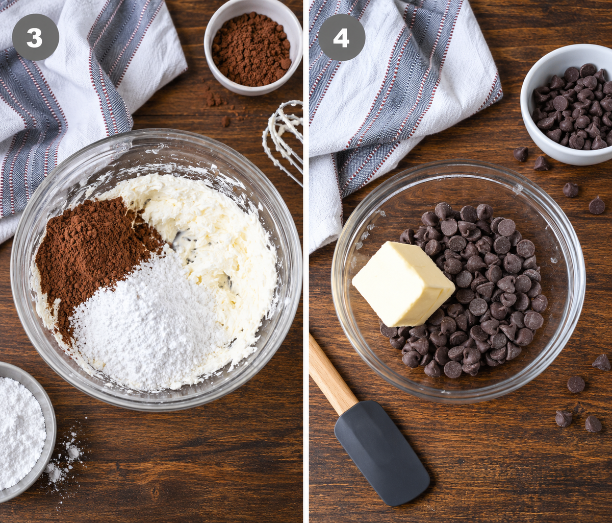 Pie filling mixed in a bowl and butter and chocolate chips melted in another.