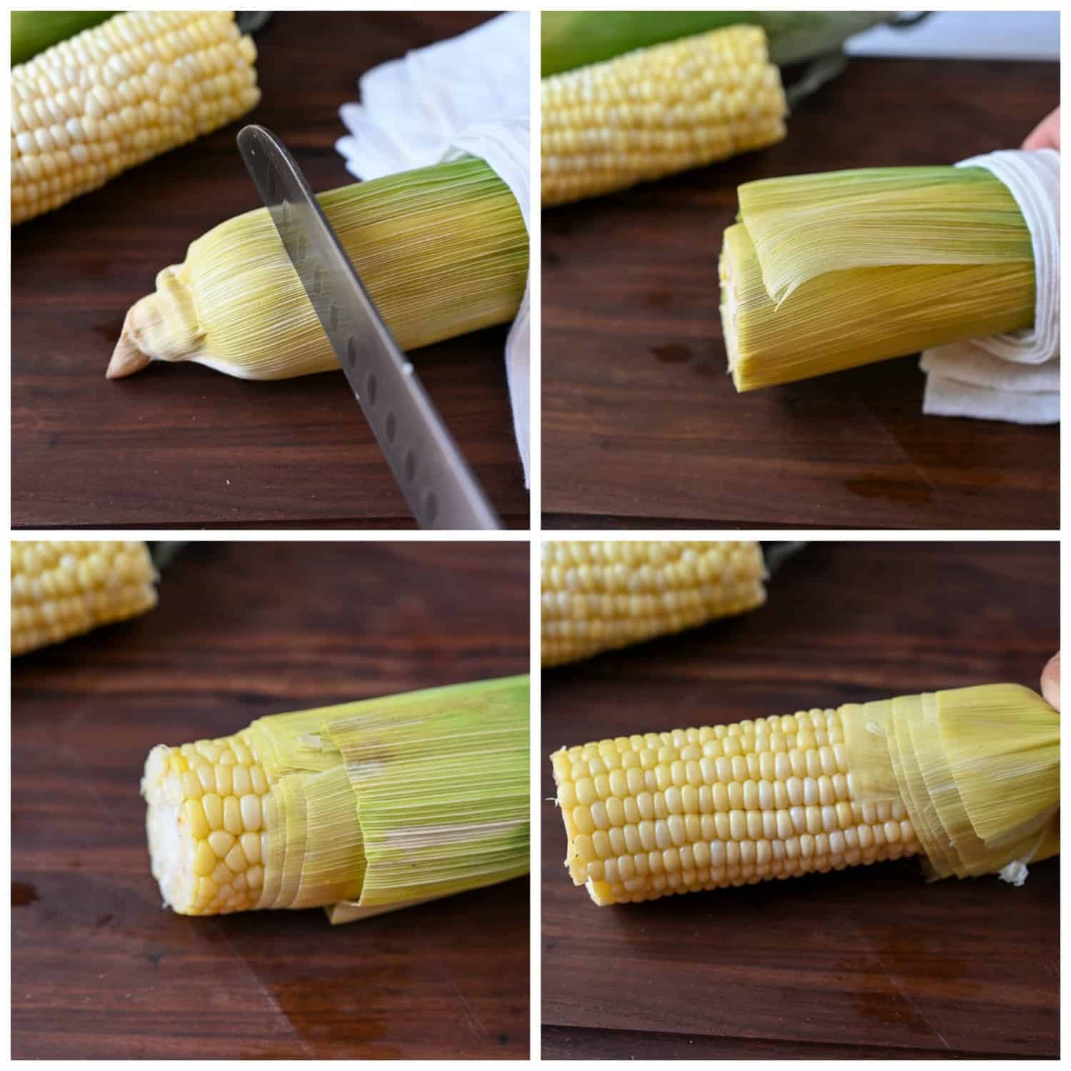 Four process photos. First one microwaved corn on the cob with the end being chopped off with a knife. Second one, a white towel holding the end and gently squeezing out the corn from the husk. Thurd one, the corn is halfway out of the husk. Fourth one, the cob is all the way out of the husks.