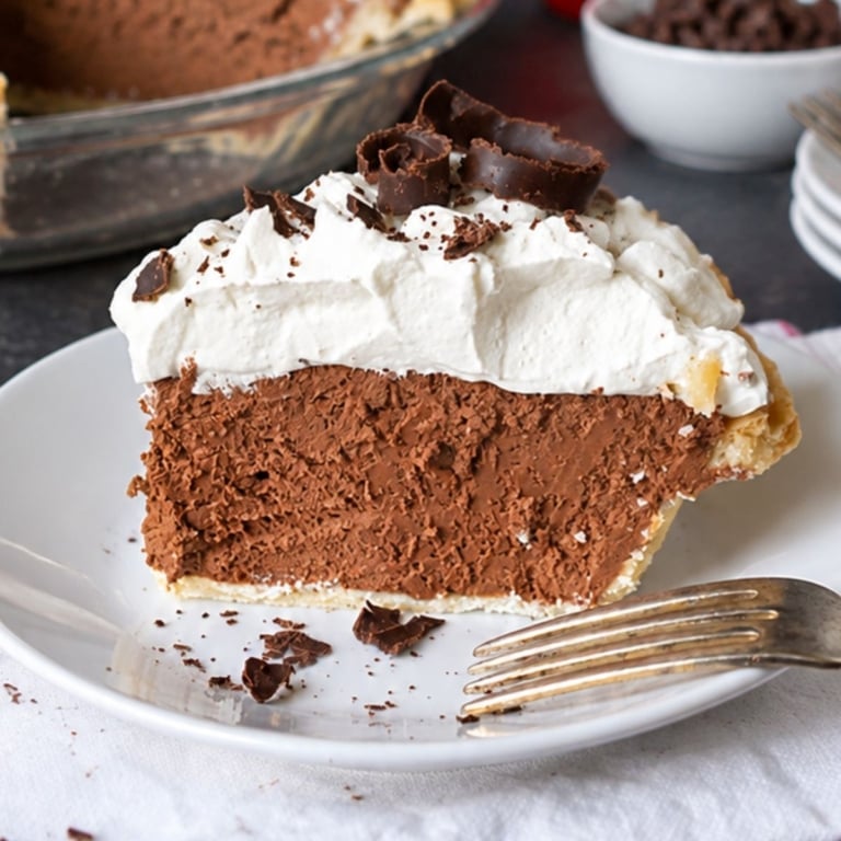 Chocolate cream pie on a plate.