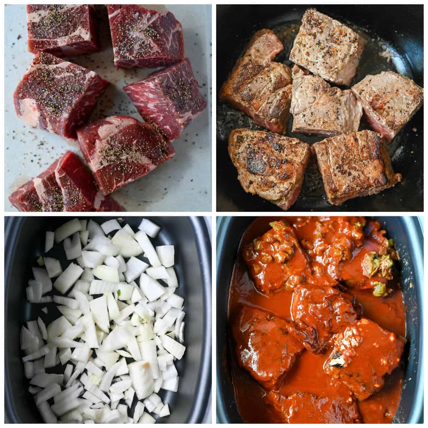 Four process shots. First one, chunks of meat on a cutting board with salt and pepper on top. Second one, beef chunks browned in a large cast iron pot. Third one, chopped onions in the bottom of the slow cooker. Fourth one, the browned meat chunks, chipotle, garlic, beef boullin, taco seasoning and enchilada sauce poured on top. 