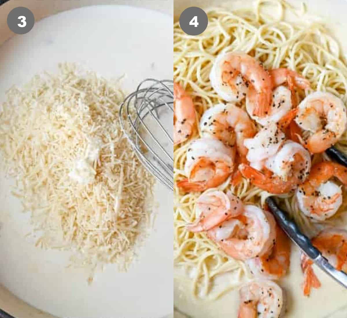 Cream and parmesan cheese added to the skilley. Then pasta and cooked shrimp tossed in.