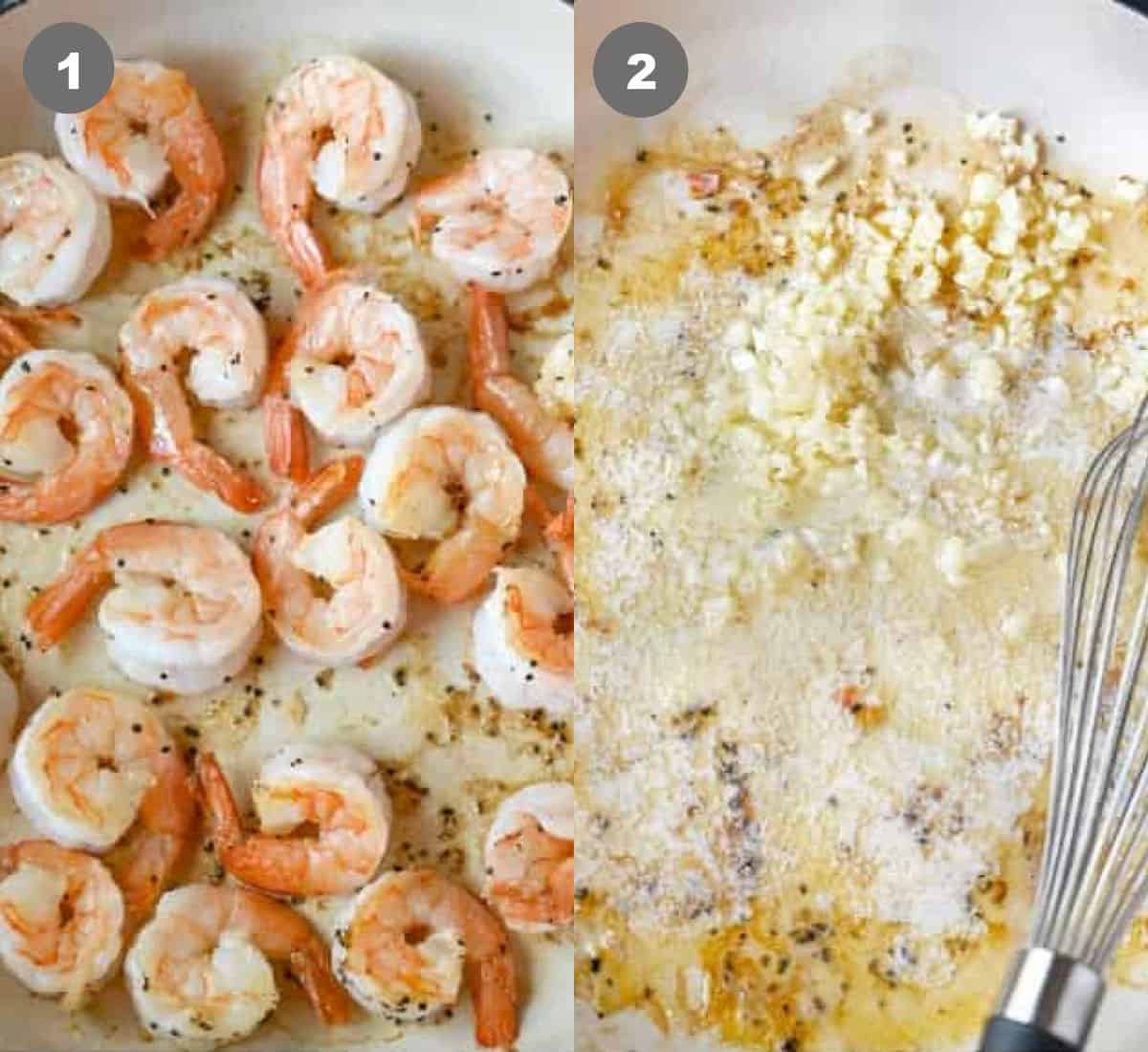 Shrimp sauteed in a skillet , then butter and garlic added.