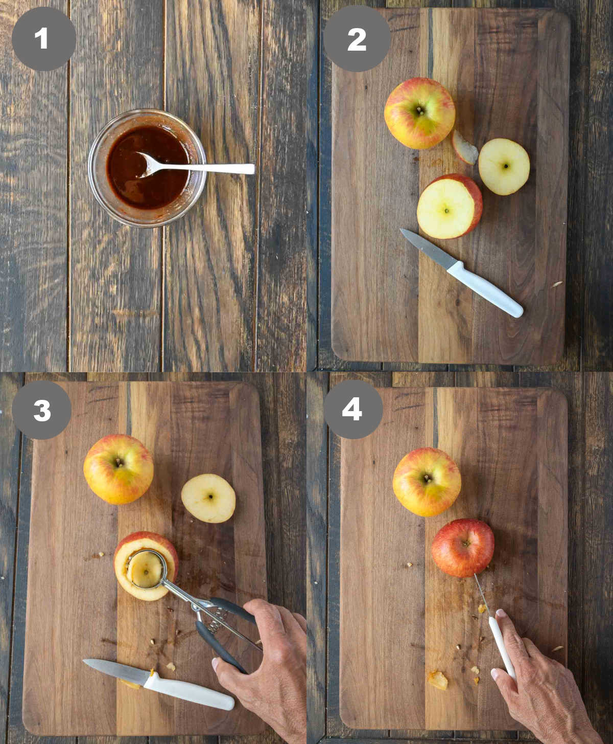 Sugar butter mixture mixed in a bowl and apples cored and prepared for the grill.