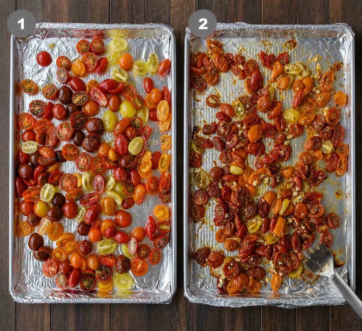 Garlic roasted tomatoes on a baking sheet.