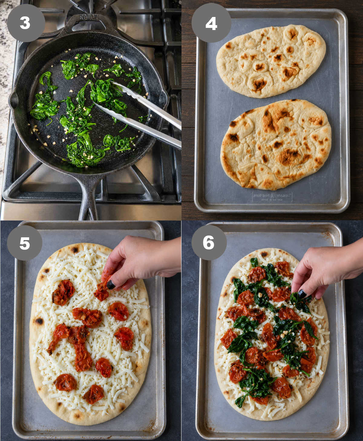 Spinch cooked in a skillet and flatbread placed on a baking sheet with tomatoes cheese and spinach added.